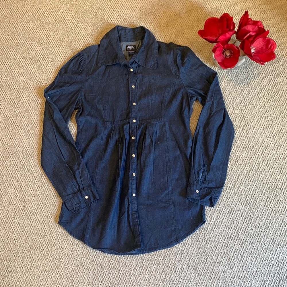 🌹VINTAGE Blue Asphalt • Dark Blue Long Sleeve Denim Stretch Button Down Shirt